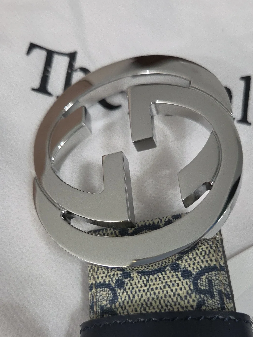 Gucci GG Supreme Monogram Belt with Silver Double G Buckle Beige/Navy